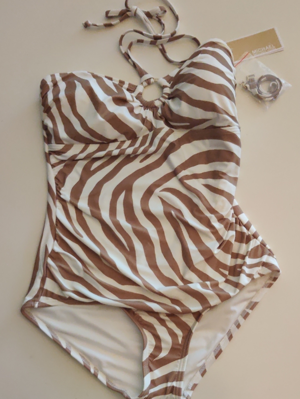 NEW Michael Kors Women's One Piece Swimsuit Size 10 Tan White Zebra Print Zipper